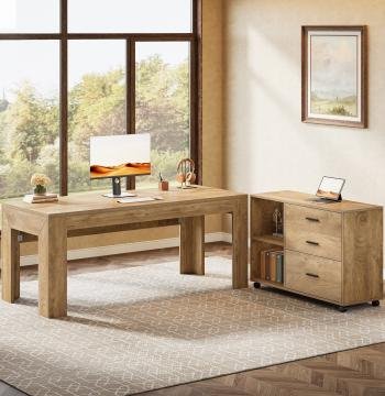 63" L-Shaped Desk, Executive Office Desk with Mobile Lateral File Cabinet