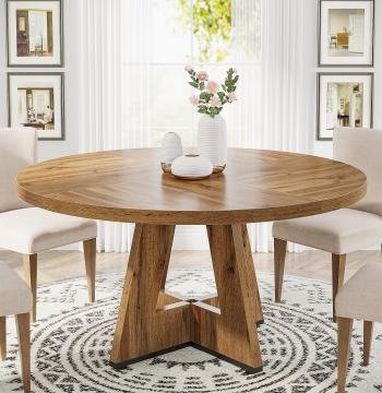 47" Round Farmhouse Dining Table for 4 People, Rustic Dining Room Table