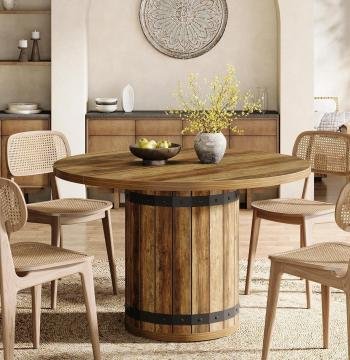 39.37" Dining Table, Round Kitchen Table with Fence Pedestal Base for 4 People