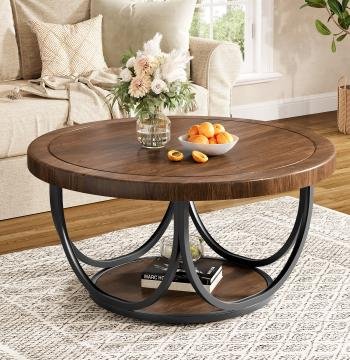 31.5" Round Coffee Table with Storage Shelf, Cocktail Table For Living Room