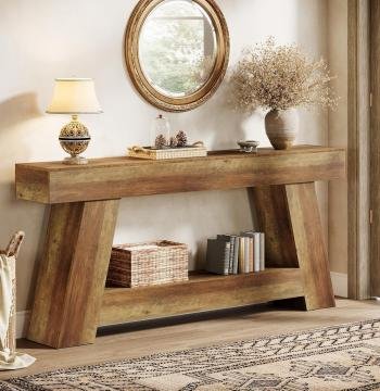 70.87" Console Table, Farmhouse 2-Tier Sofa Table with Open Storage Shelf