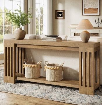70.9" Console Table, Farmhouse 2-Tier Sofa Table with Vertical Stripe Legs