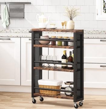 Slim Kitchen Cart, 4-Tier Storage Rolling Cart with Handle