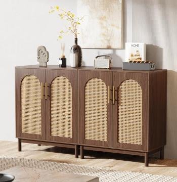 Sideboard Buffet Set of 2, Accent Rattan Storage Cabinet with Doors
