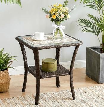 Outdoor Side Table, Rattan Wicker Table with Tempered Glass Top
