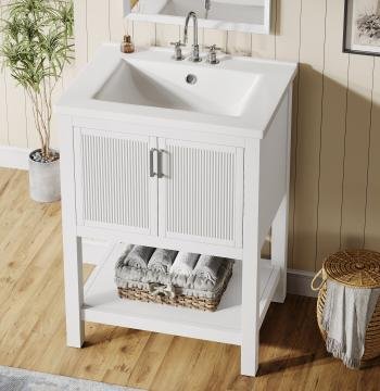 24" Bathroom Vanity, Modern Bathroom Sink Cabinet with Ceramic Basin and 2 Doors