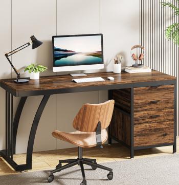 Industrial Computer Desk, 59" Study Desk with Reversible Drawer Cabinet