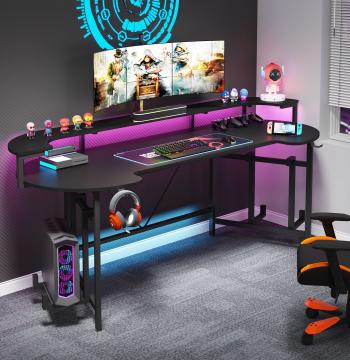 75" Gaming Desk, Black Computer Desk with LED Strip & Monitor Shelf