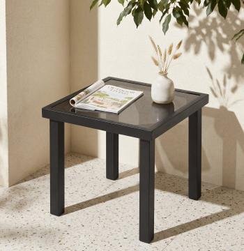 Outdoor Square End Table, Patio Side Table with Water-Resistant Glass Top