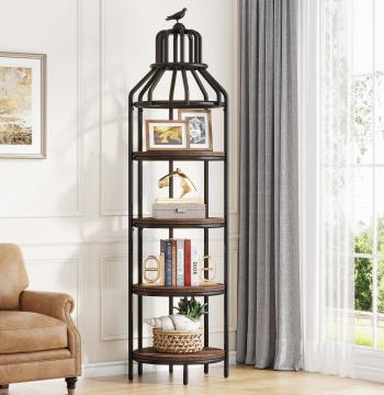 Industrial Bookshelf, 4-Tier Etagere Bookcase with Bird Cage Design