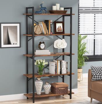 5-Tier Bookshelf, Industrial Etagere Brown Bookcase Display Shelf Unit