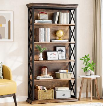 6-Tier Bookshelf, 70.87" Etagere Metal and Wooden Bookcase for Home Office