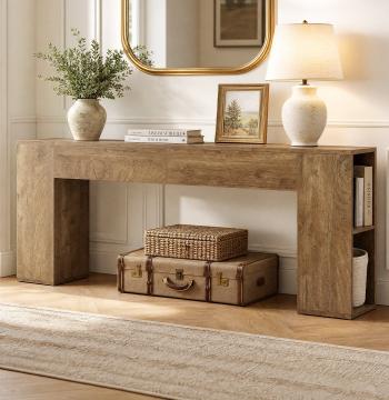 79" Long Console Table, Farmhouse Entryway Table with 2 Drawers and Side Storage Shelves