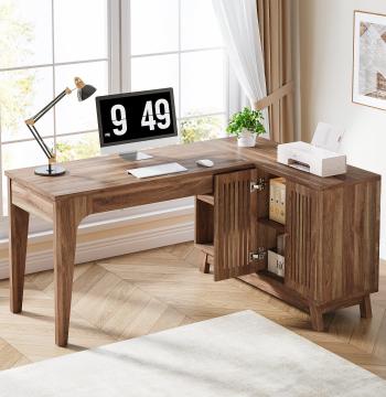 57" L-Shaped Corner Desk, Wood Computer Desk Study Writing Table with Cabinet