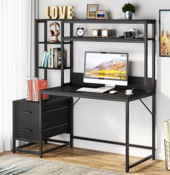 60" Tall Computer Desk Writing Table with 2 Drawers and Storage Shelves