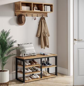 5 IN 1 Hall Tree Shoe Bench Set with Wall Mounted Shelf