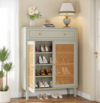 Modern Shoe Cabinet, Rattan Shoe Organizer with Doors and Drawer