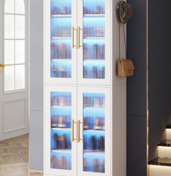 66.9" Tall Shoe Storage Cabinet, 8-Tier Entryway Shoe Organizer Rack with Acrylic Doors and LED Lights