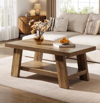 47" Farmhouse 2-Tier Coffee Table with Storage Shelf, Rectangular Coffee Table