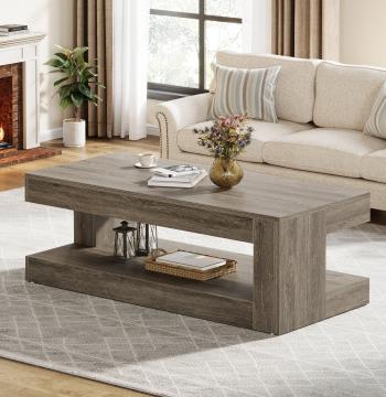 47.24" Coffee Table, Farmhouse 2-Tier Tea Center Table with Storage