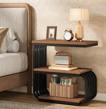 3-Tier Vintage Nightstand, Narrow Bedside Stand with Metal Frame