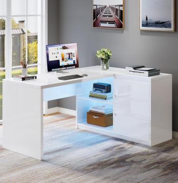 55" L-Shaped Desk with LED Lights, Executive Computer Desk with 3 Drawers
