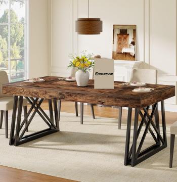 63" Dining Table, Farmhouse Kitchen Table with Sturdy Metal Legs for 4-6
