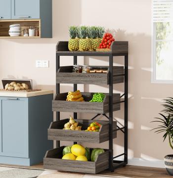 Wood Fruit and Vegetable Storage Rack Basket Stand with 5 Drawers