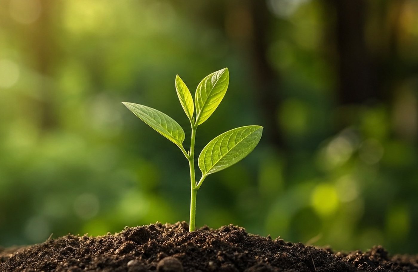 A young sapling growing in dark soil in sunlit woodland