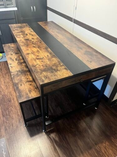 Dining Table Set, Kitchen Breakfast Table with 2 Benches & Sided Drawer photo review