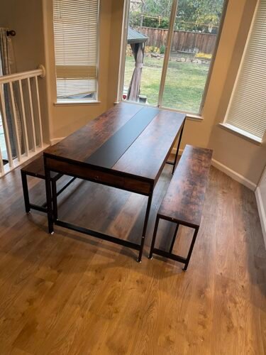 Dining Table Set, Kitchen Breakfast Table with 2 Benches & Sided Drawer photo review